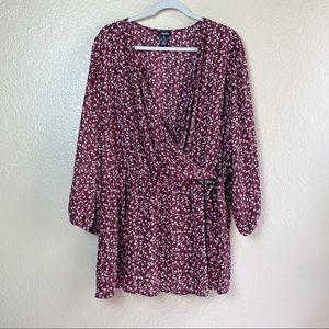 SHEIN PLUS Burgundy Floral Faux Wrap Blouse, 3X